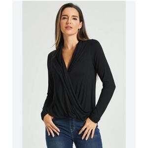 Bobi Los Angeles Black Ribbed Wrap Front Long Sleeve Top Size S NWT